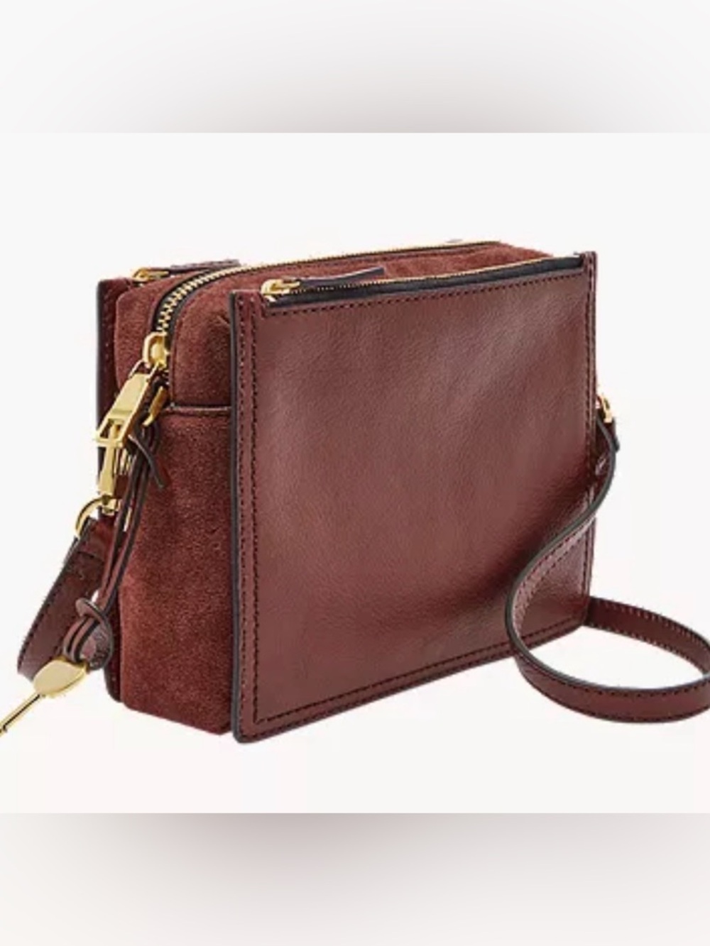 Fossil Campbell Dark Red Leather Suede Crossbody Bag Adjustable Strap